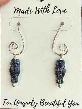 Hand Crafted Spiral Iridescent Owl Sterling Silver Earring